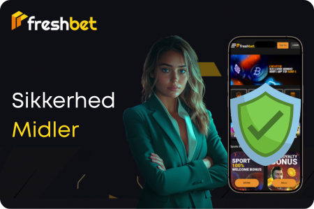 Freshbet-appens sikkerhedsfunktioner med skjoldikon og mobilskærm